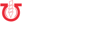 a red and white logo with a drill in the middle on a white background .