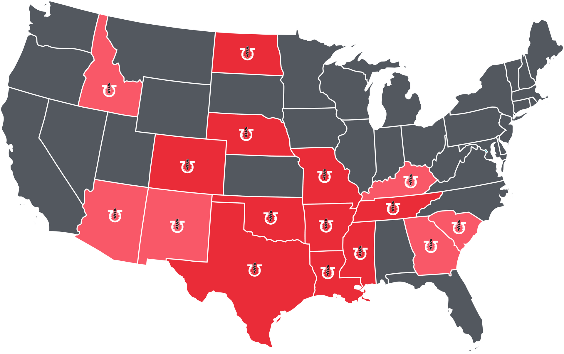 A map of the united states showing the states in red and gray