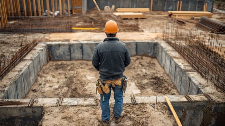 Construction worker standing in a concrete foundation pit at a building site