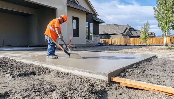 Construction worker smoothing wet concrete slab beside a house under construction