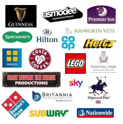Company Logos for corporate balloon customers: Guiness, Premier Inn, Specsavers, Hilton, Coop, Hertz, Lego, Costa, Dominos Pizza, Subway, Nationwide and Sky