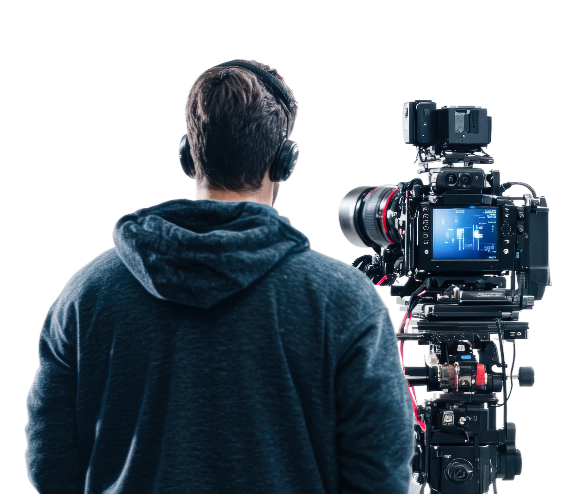 Een persoon in een grijze hoodie en met een koptelefoon op staat achter een professionele filmcamera.