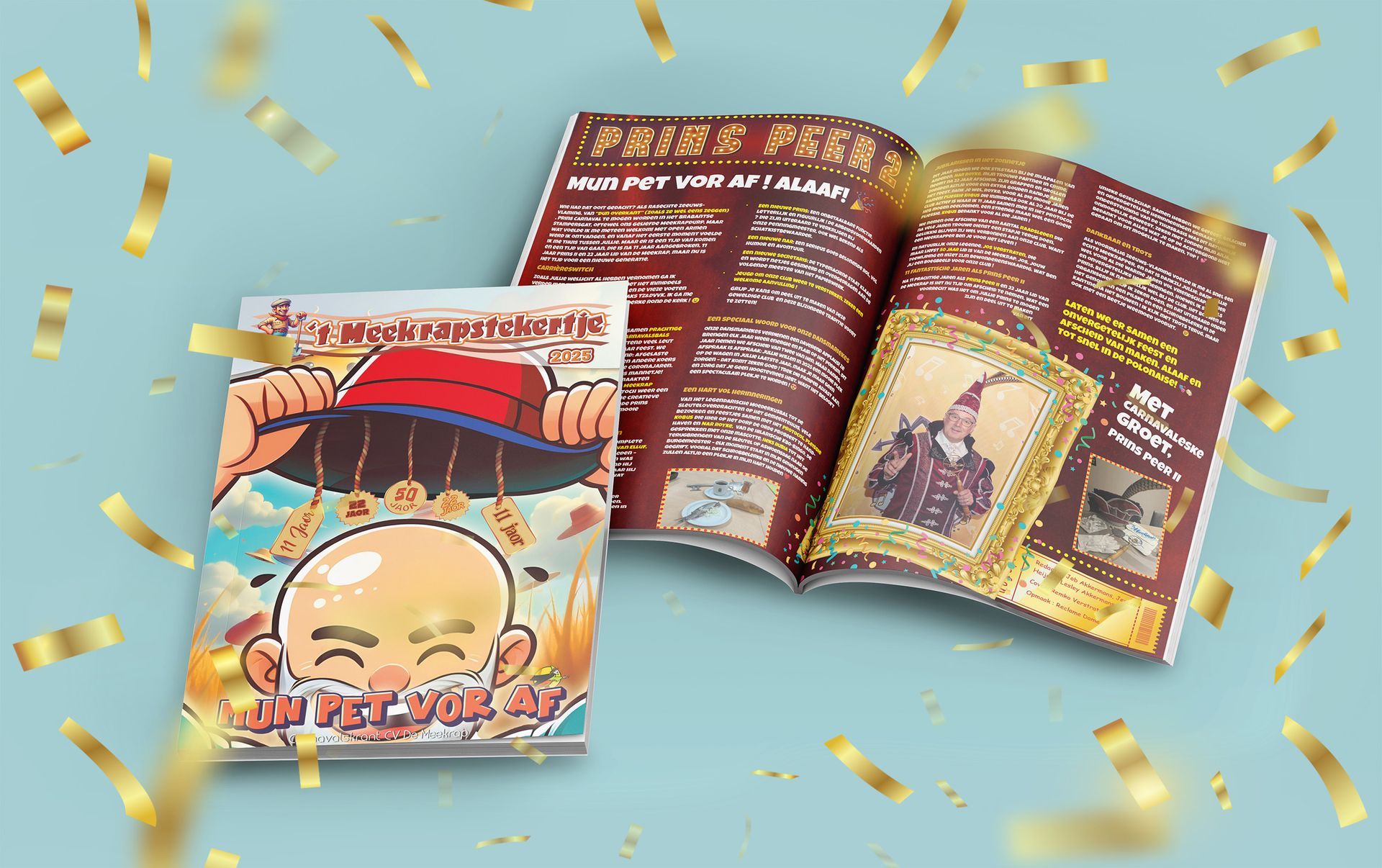 Een tijdschrift met een kale man op de cover is omgeven door gouden confetti.