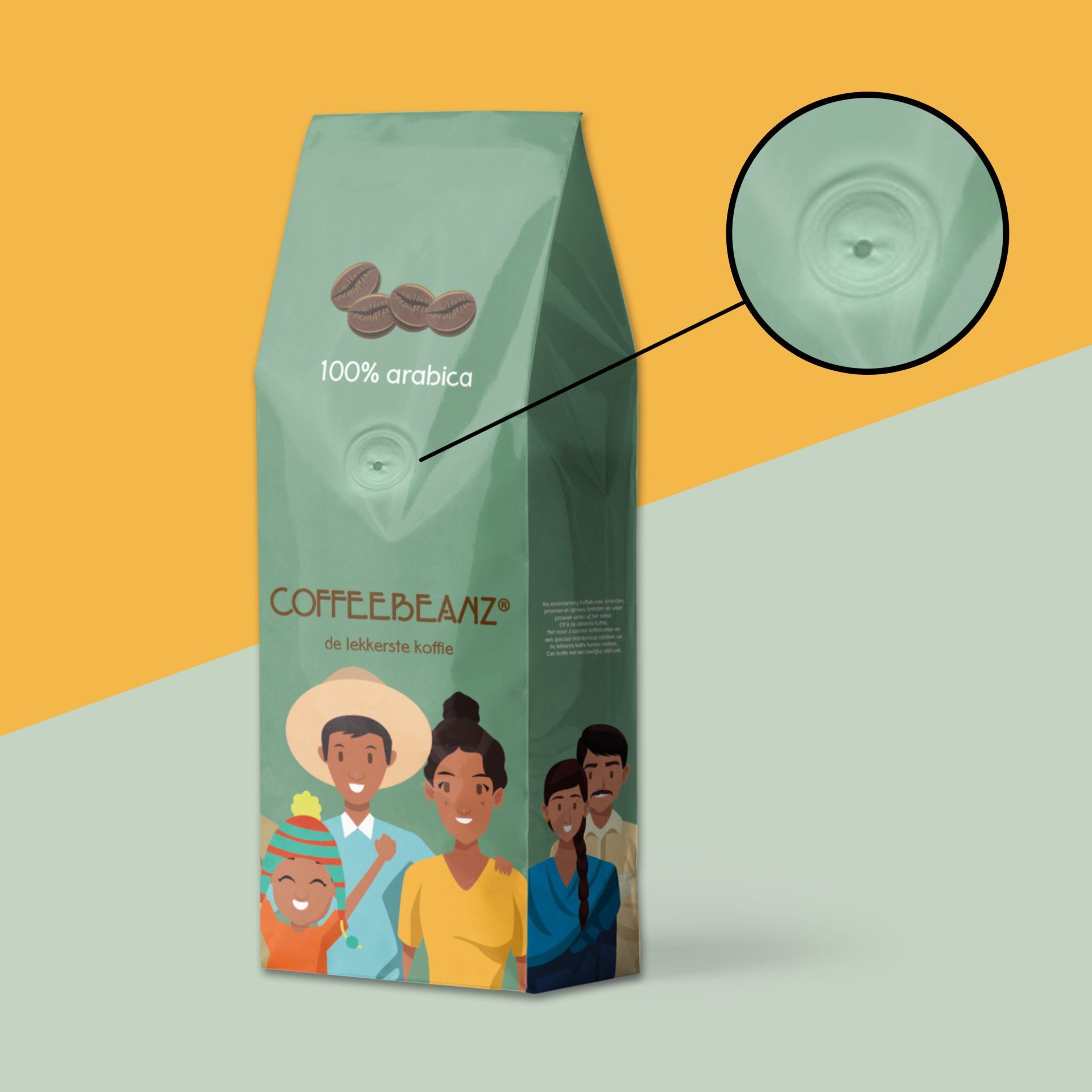 Een zak koffiebonen met een foto van een gezin erop