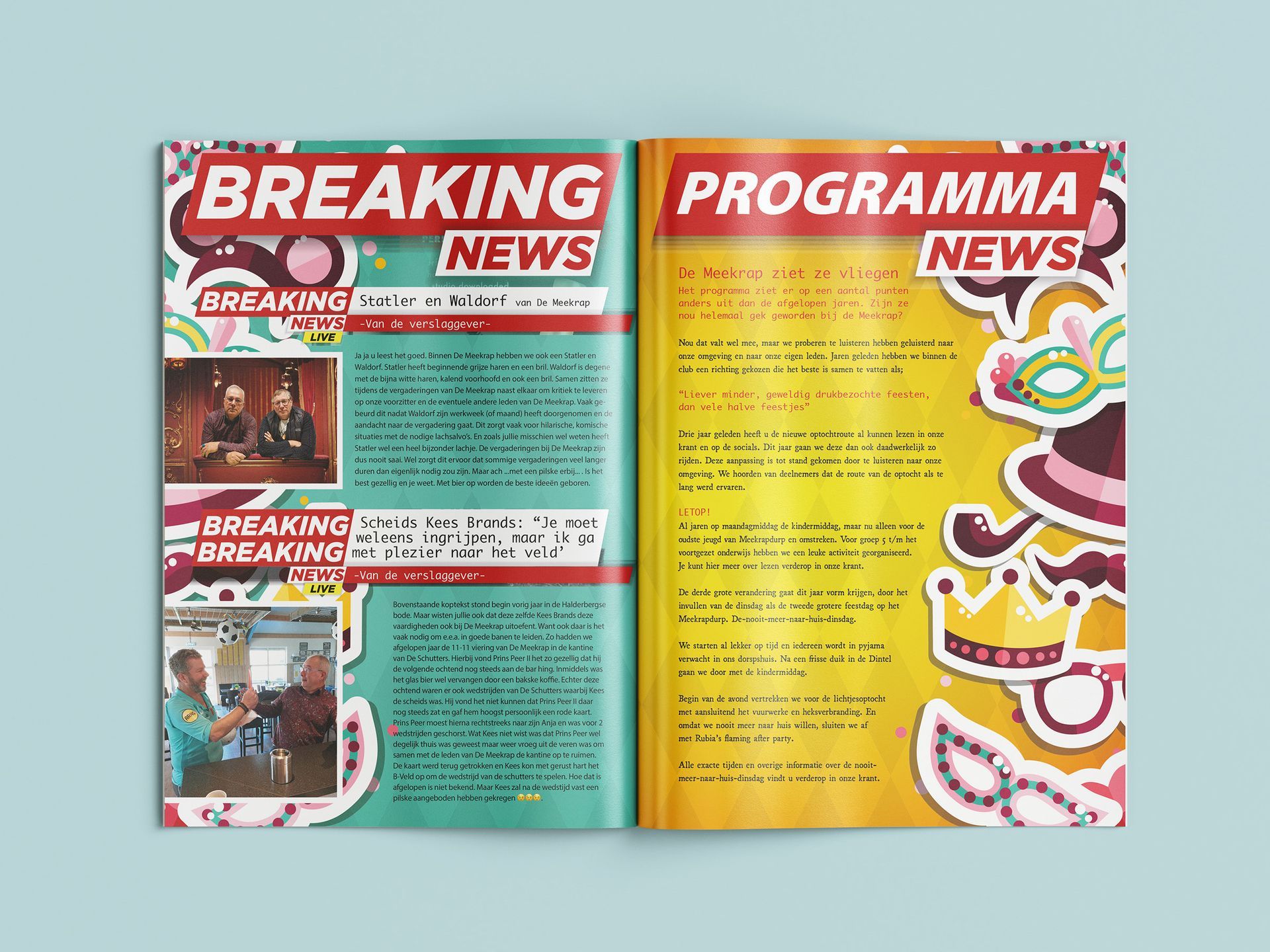Een tijdschrift ligt open op een pagina met breaking news en programmanieuws.