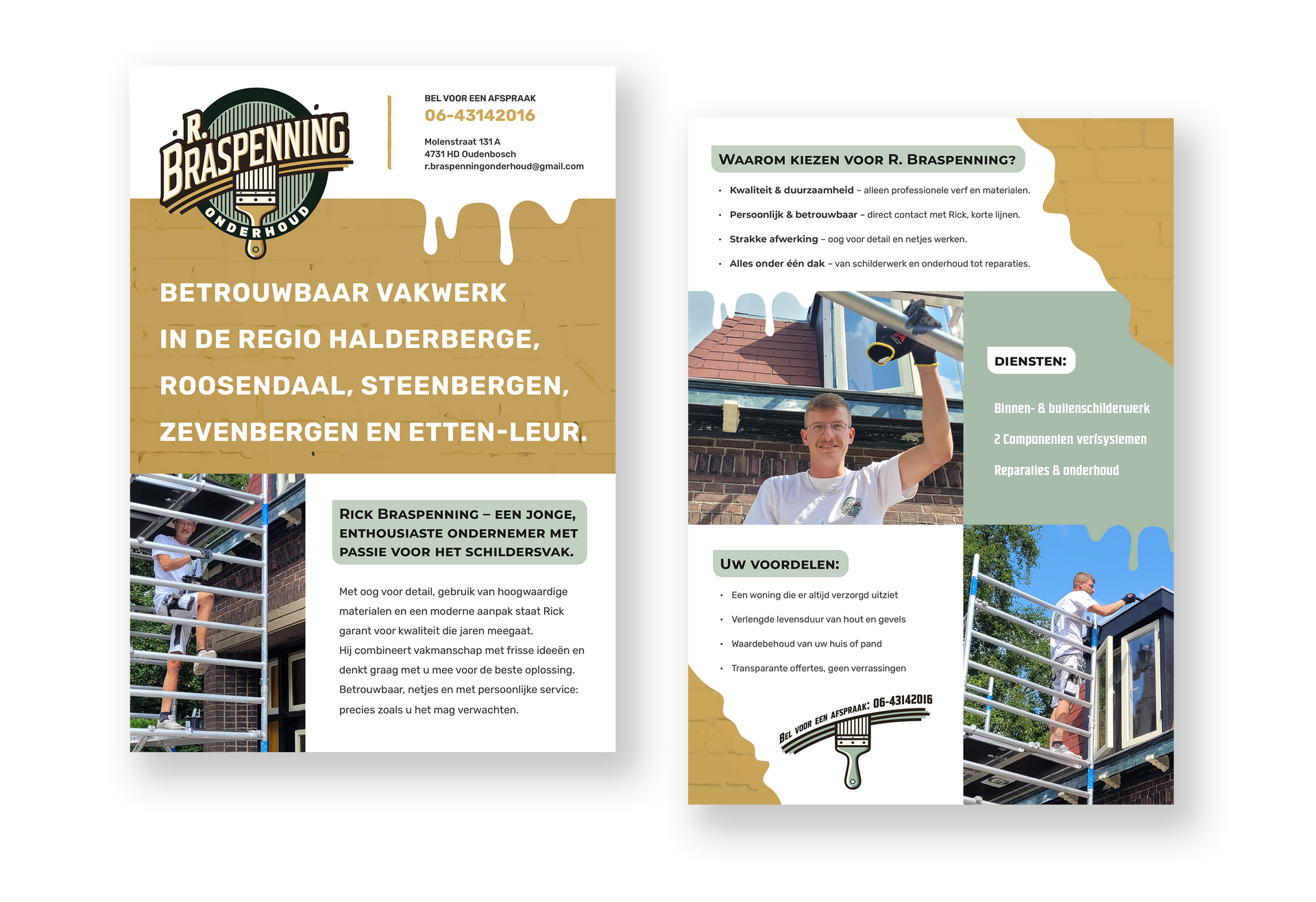 Een brochure van twee pagina's met gouden en groene accenten, foto's en Nederlandse tekst over een renovatieproject.
