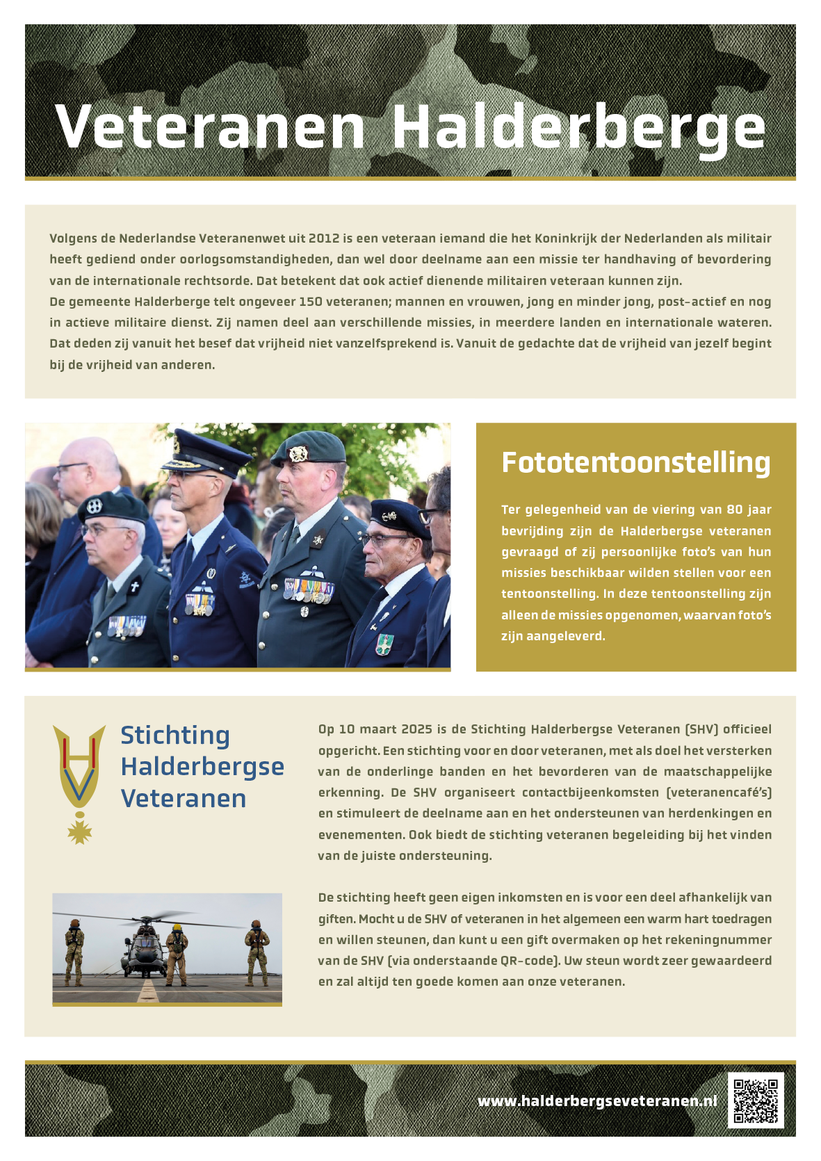 Een informatiefolder over de Halderberge Veterans Foundation met foto's van veteranen in uniform en een helikopter.