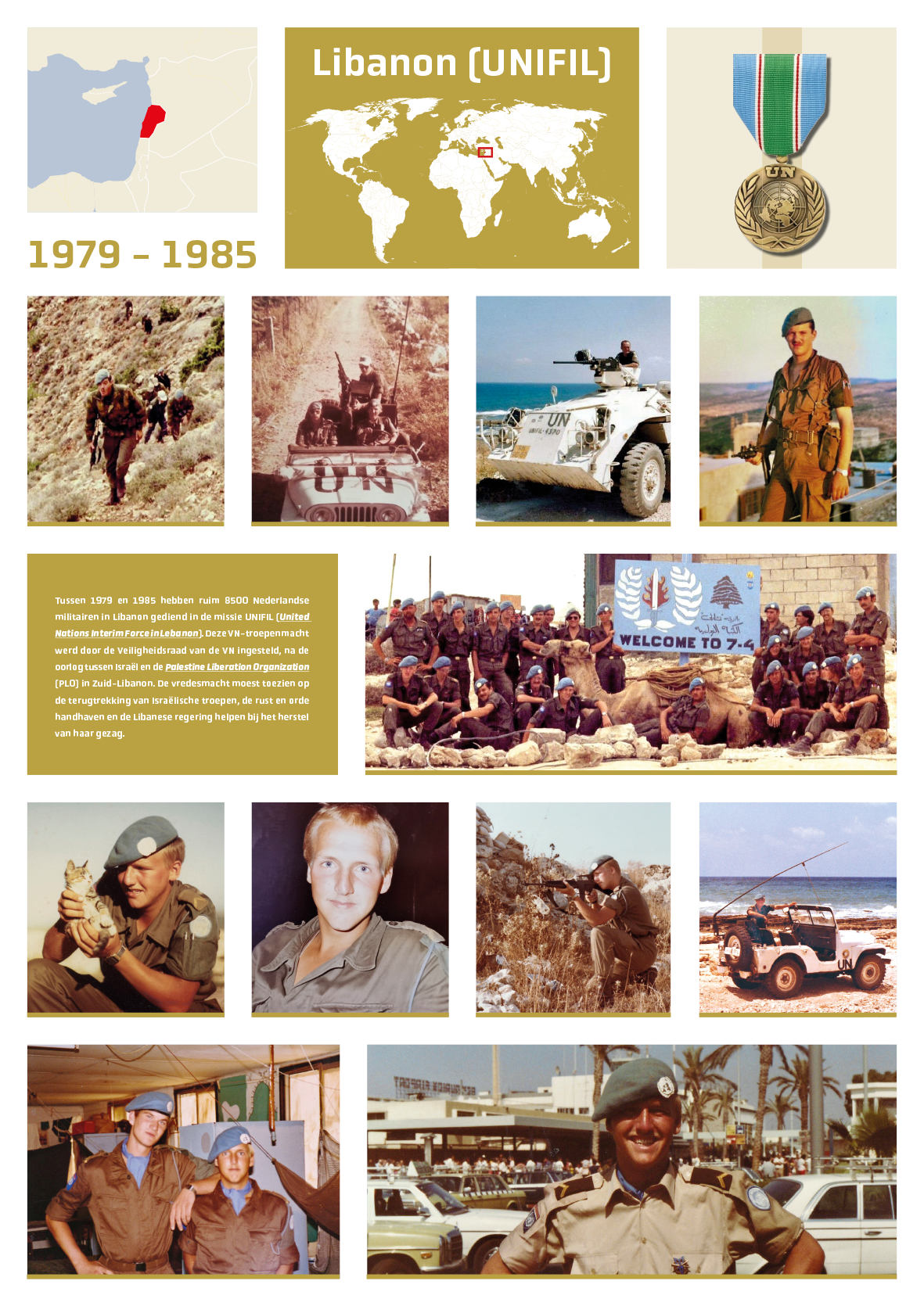 Een fotomontage van de UNIFIL-vredesmissie in Libanon, 1979-1985, met soldaten, uitrusting en een medaille.