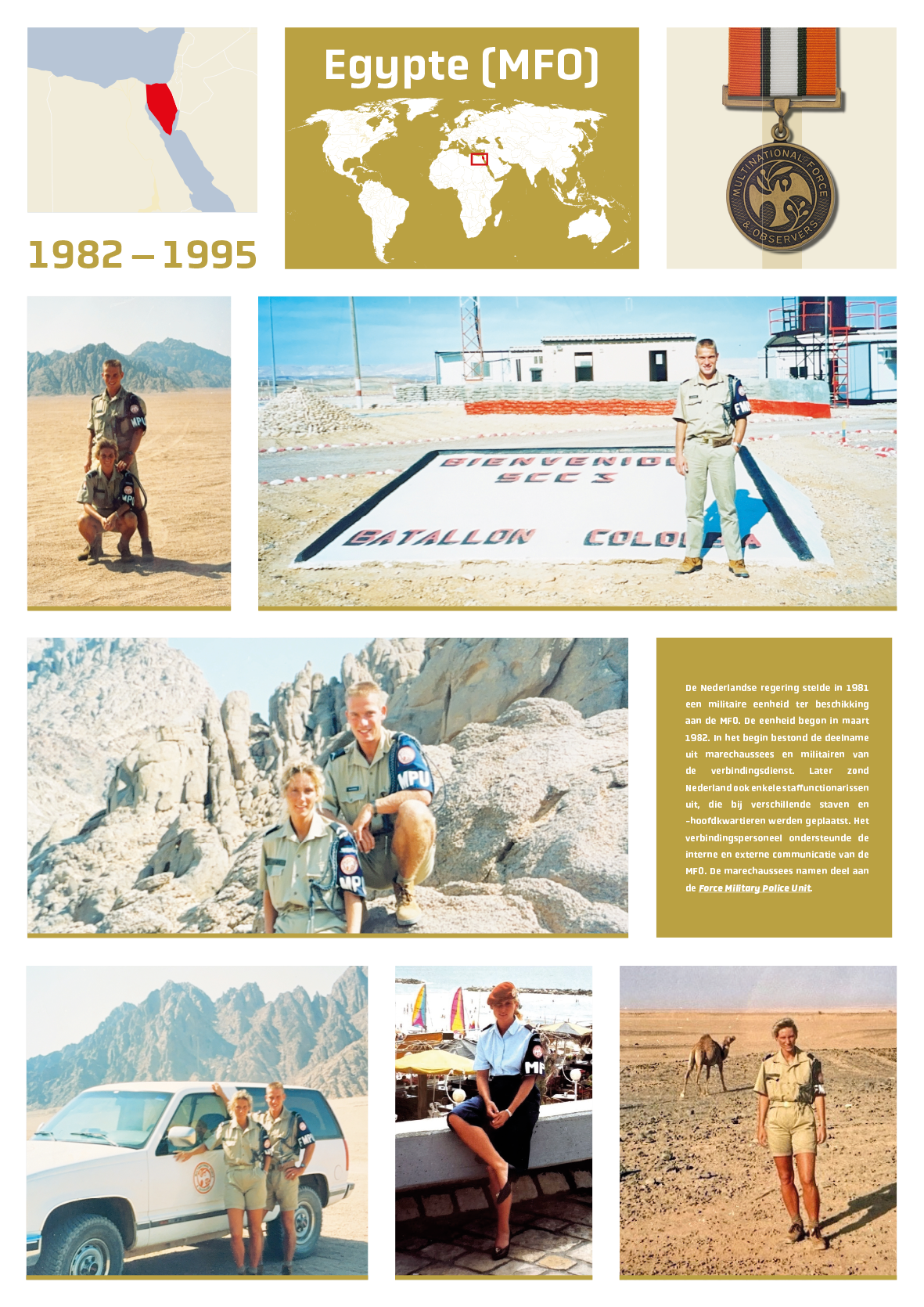 Een collage van foto's en een medaille ter herdenking van de MFO-vredesmissie in Egypte van 1982-1995.