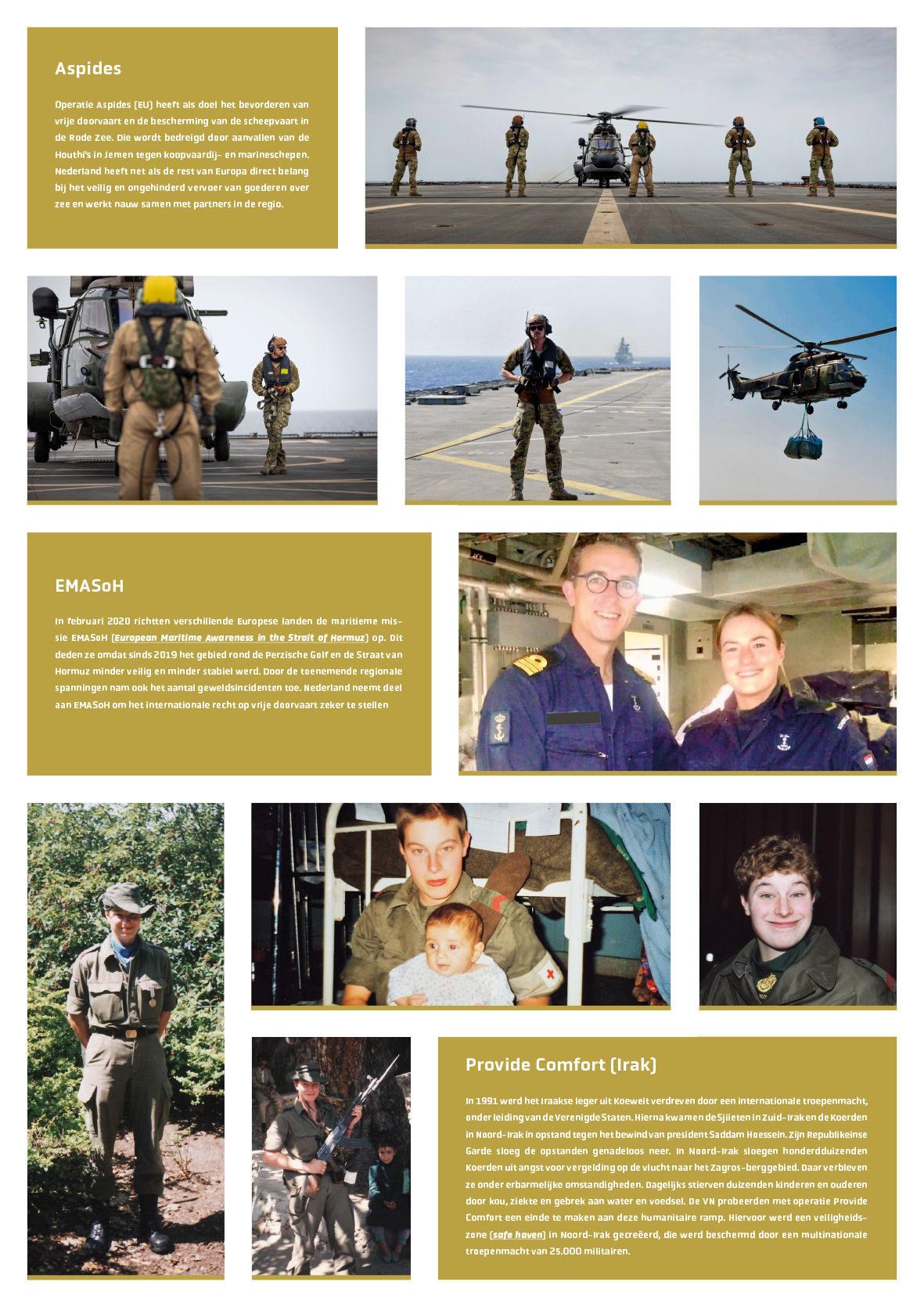 Een collage met militairen in uniform op een vliegdek, helikopters en een kind, voorzien van beschrijvende tekst.