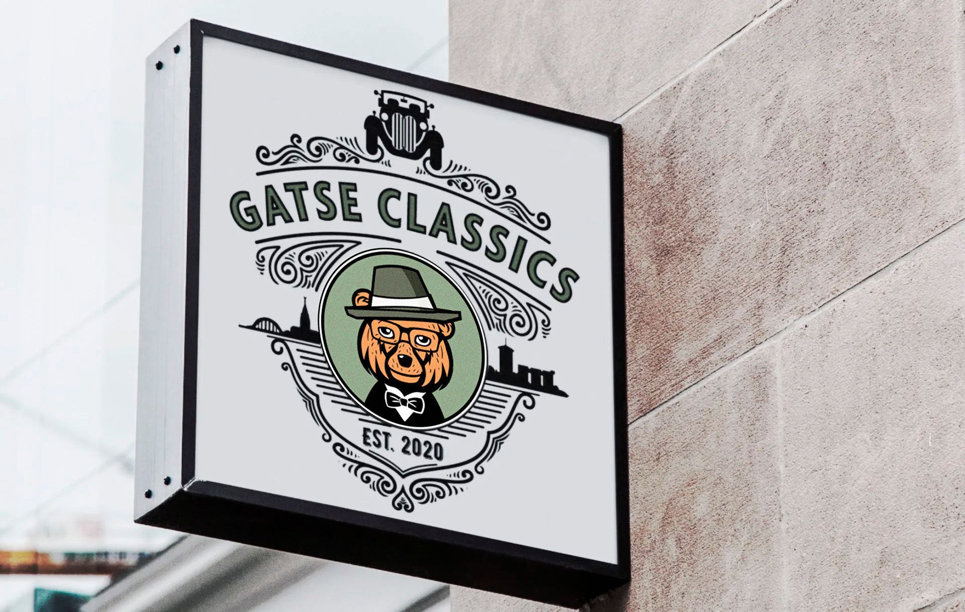 Een bord aan de zijkant van een gebouw met de tekst gatse classics