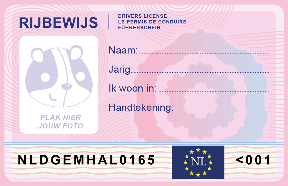 Een roze rijbewijs met daarop de tekst rijbewijs