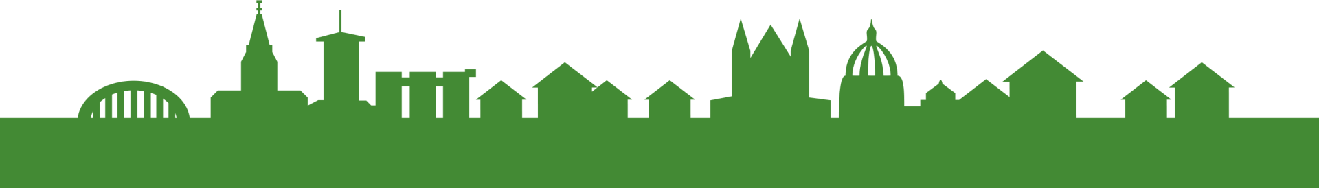 Een groen silhouet van een skyline van een stad op een witte achtergrond.