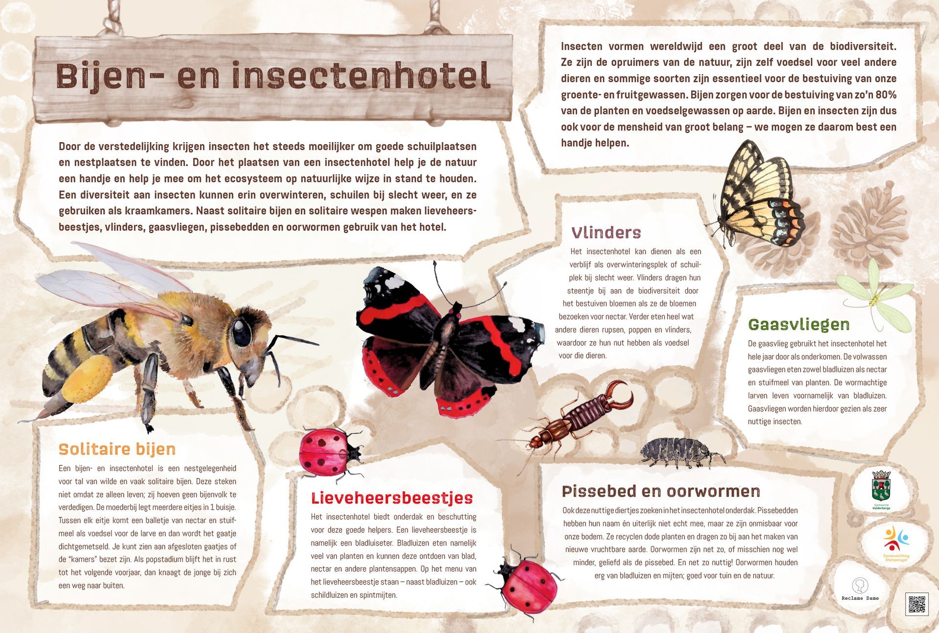 Een poster met een bij, vlinder, lieveheersbeestje en schorpioen erop.