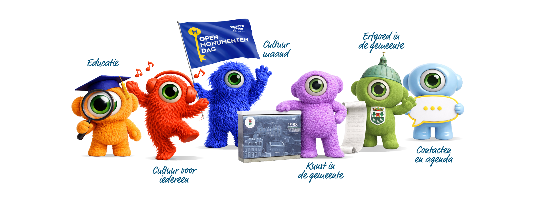 Zes kleurrijke, eenogige monstermascottes in verschillende poses met beschrijvende labels.