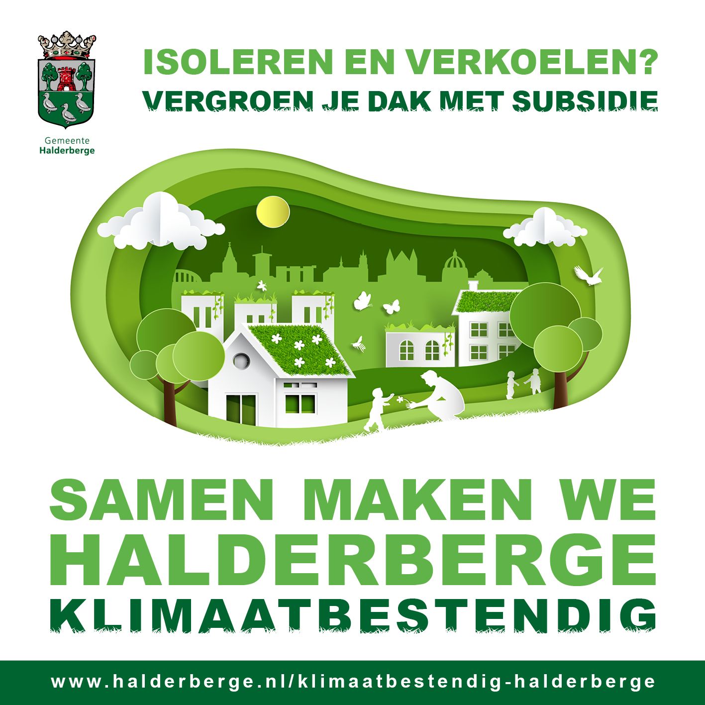 Een groene poster met een huis en bomen erop.