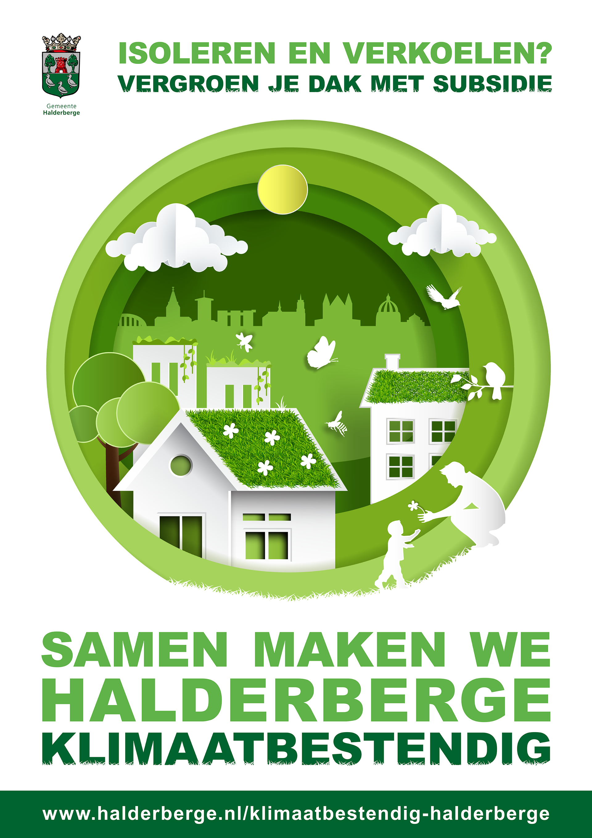 Een groene poster met een huis met een groen dak
