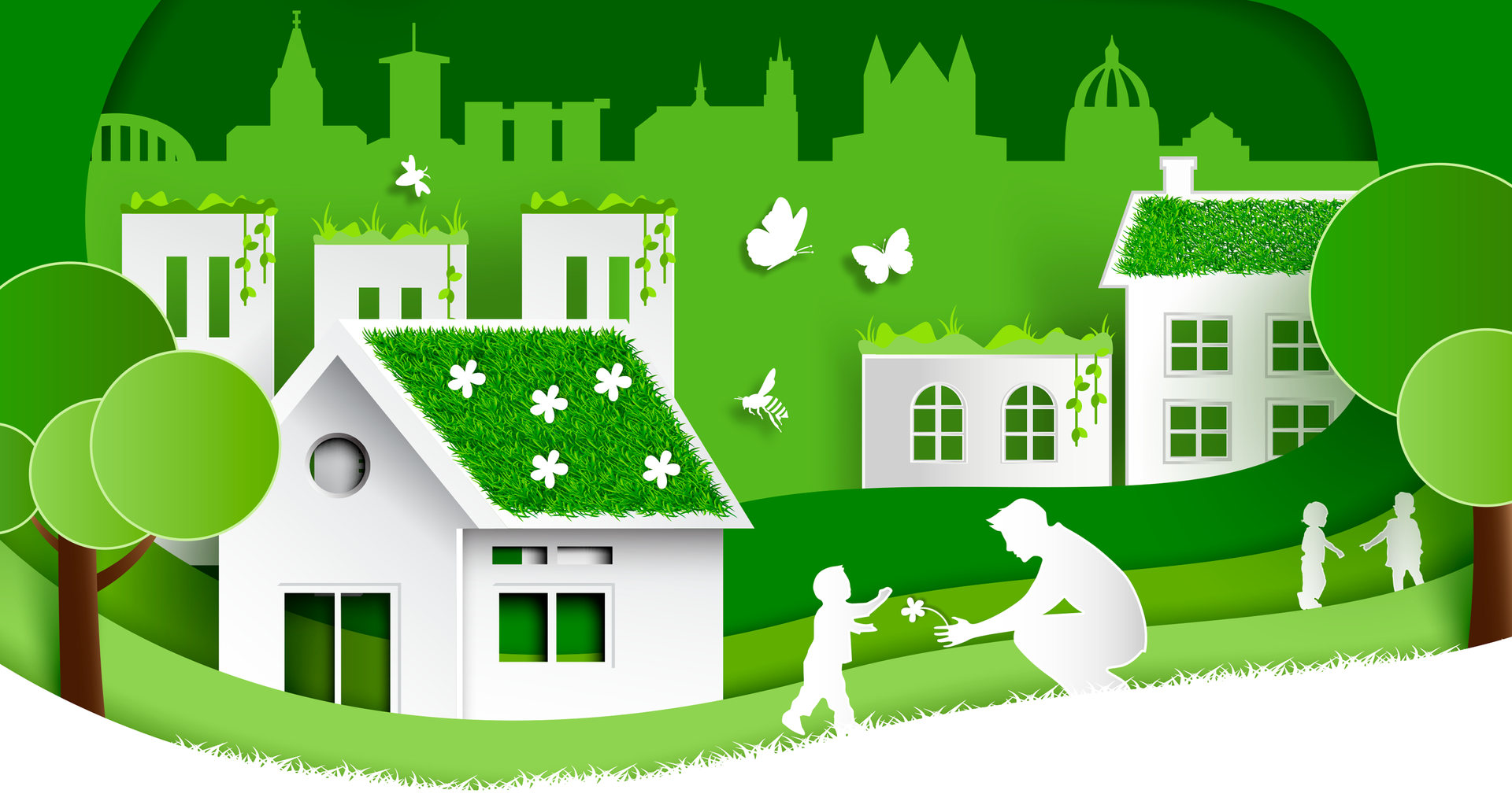 Een uit papier gesneden illustratie van een groene stad met een huis met een groen dak.