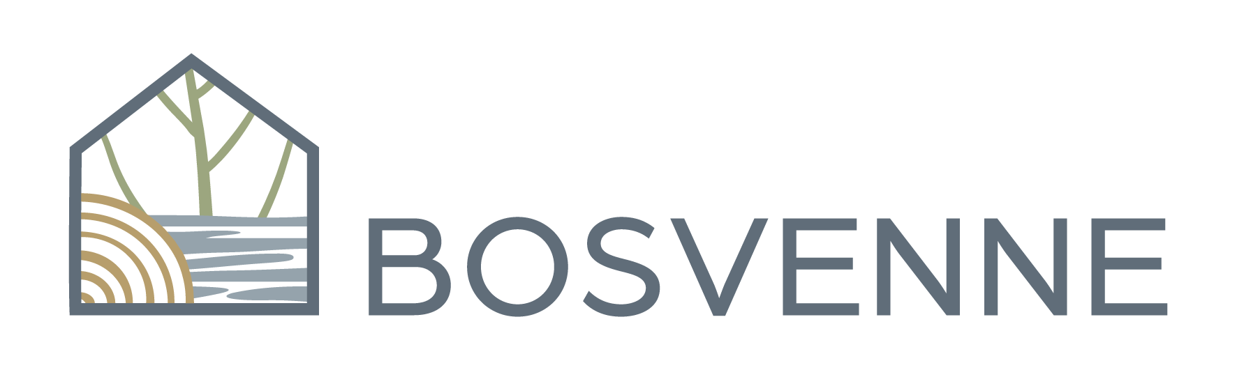Een logo voor bosvenne met een huis en een rivier op de achtergrond.