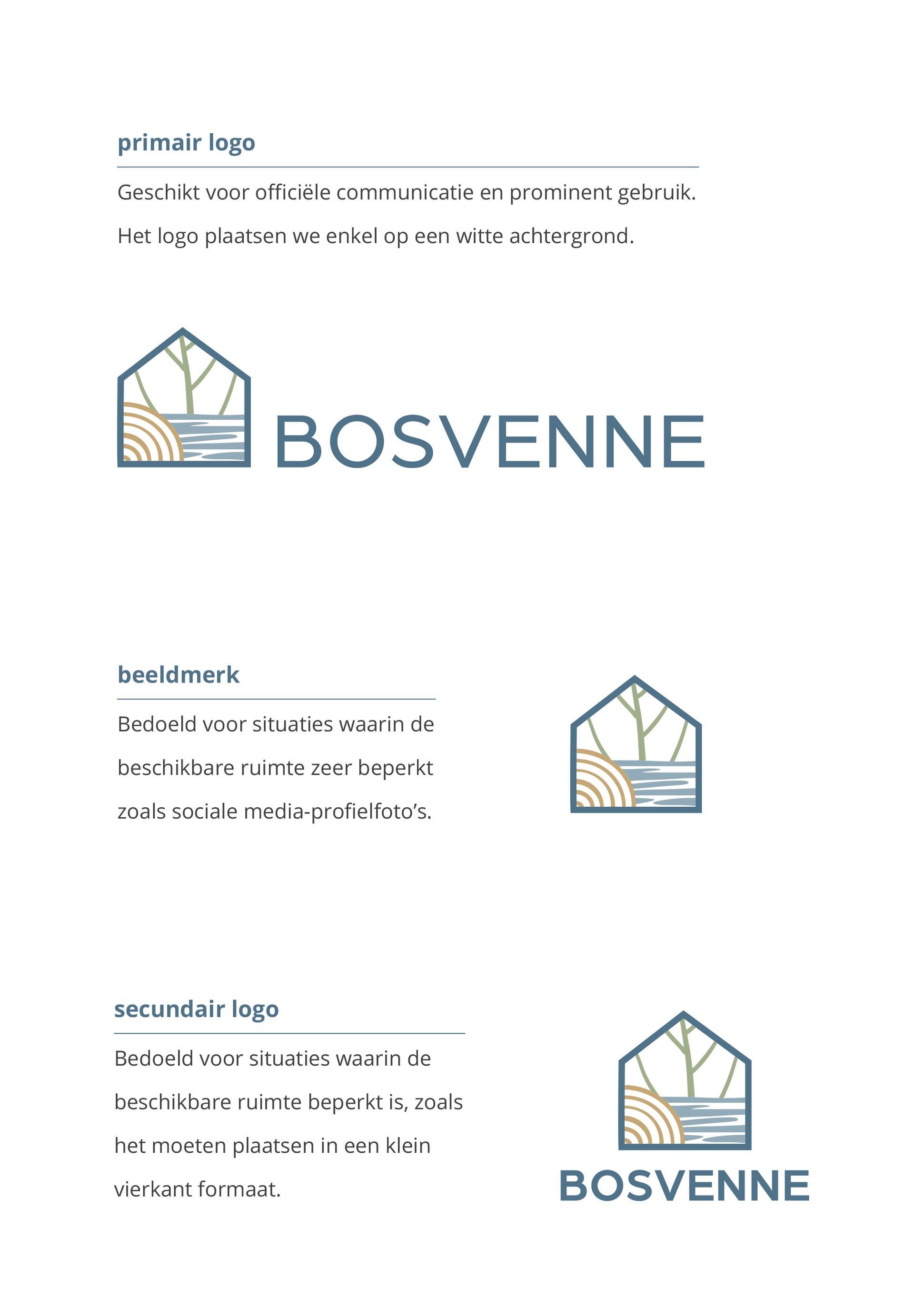 Logo-concepten voor Bosvenne met een huisvormig icoon met boom- en houtstampatronen, gepresenteerd in drie lay-outvarianten.
