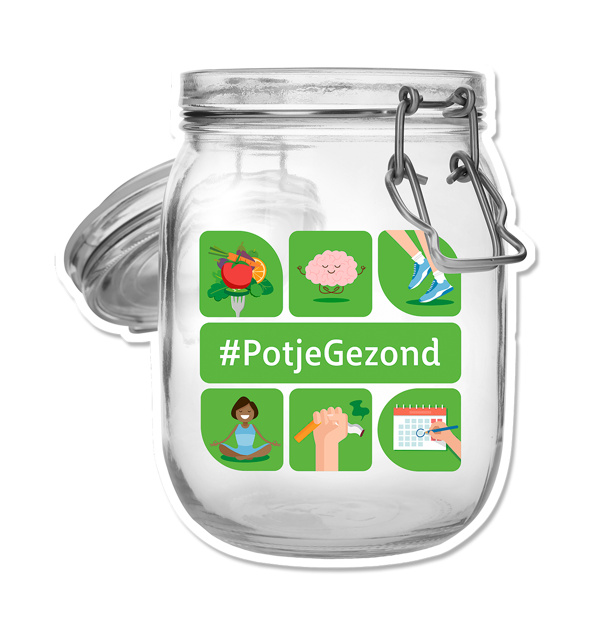 Een glazen pot met een sticker erop met de tekst potje gezond.