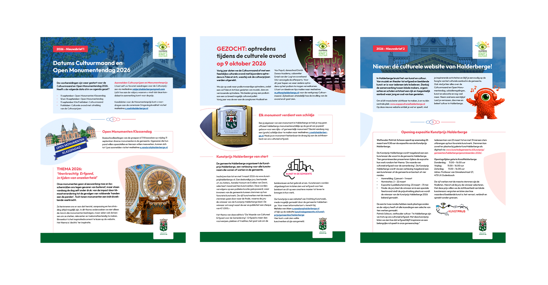 Drie panelen van een nieuwsbrief met informatieve tekst, illustraties van bezienswaardigheden.