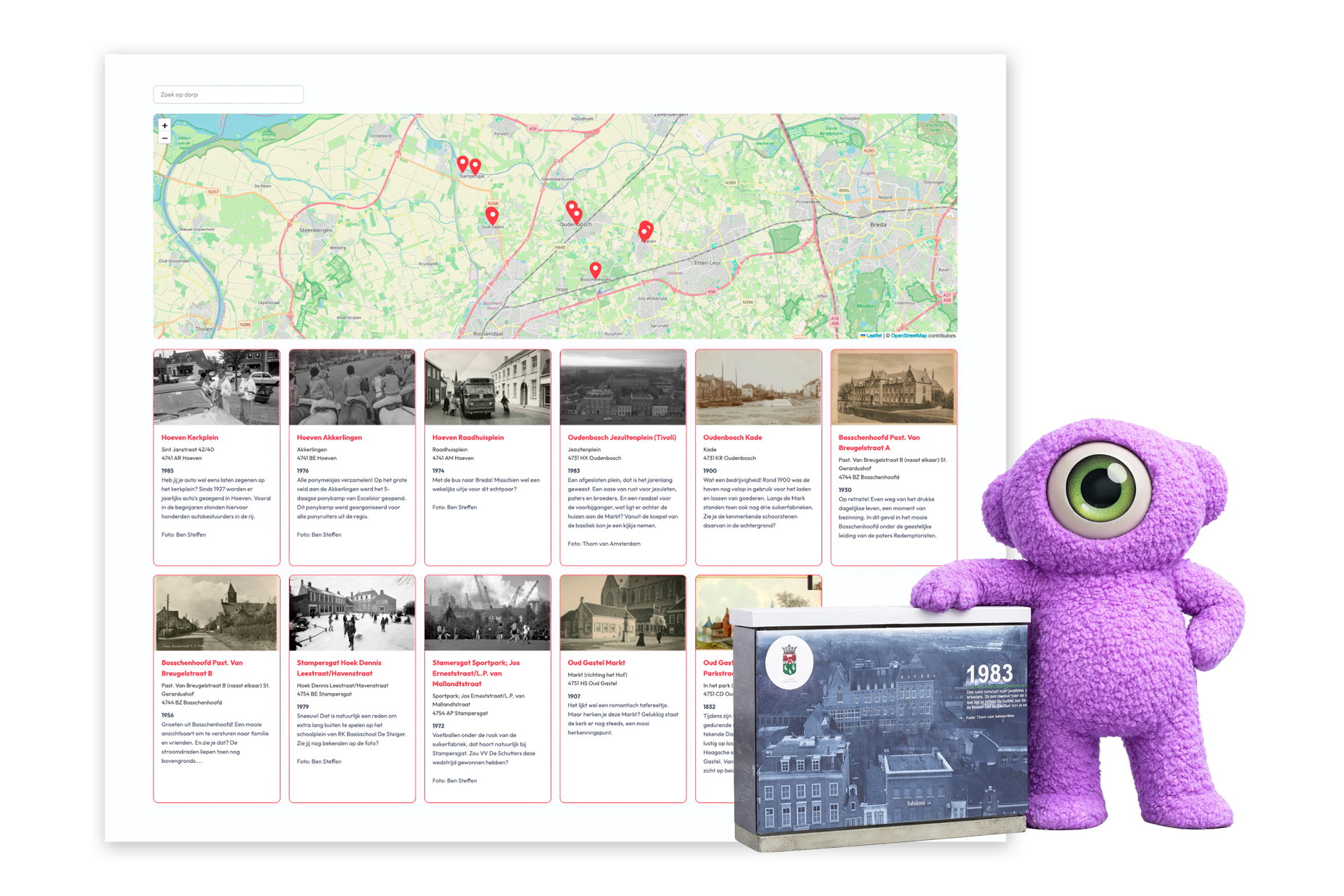 Een paars, eenogig knuffelmonster staat naast een pagina met een kaart waarop locaties en historische foto's zijn aangegeven.