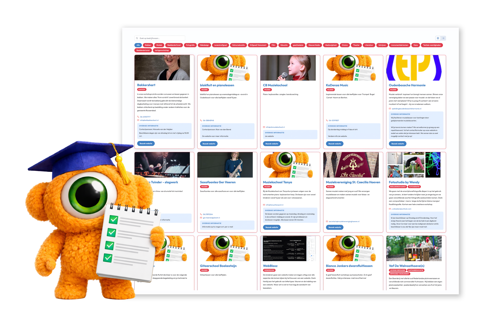 Een oranje mascotte met een afstudeerhoedje houdt een checklist vast voor een raster met voorbeelden van websiteartikelen.