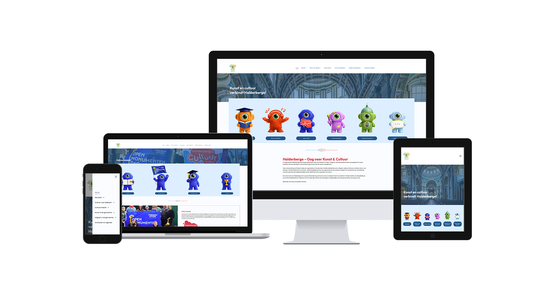 Een smartphone, laptop, desktopmonitor en tablet waarop een website te zien is met een rij kleurrijke monsterfiguren.