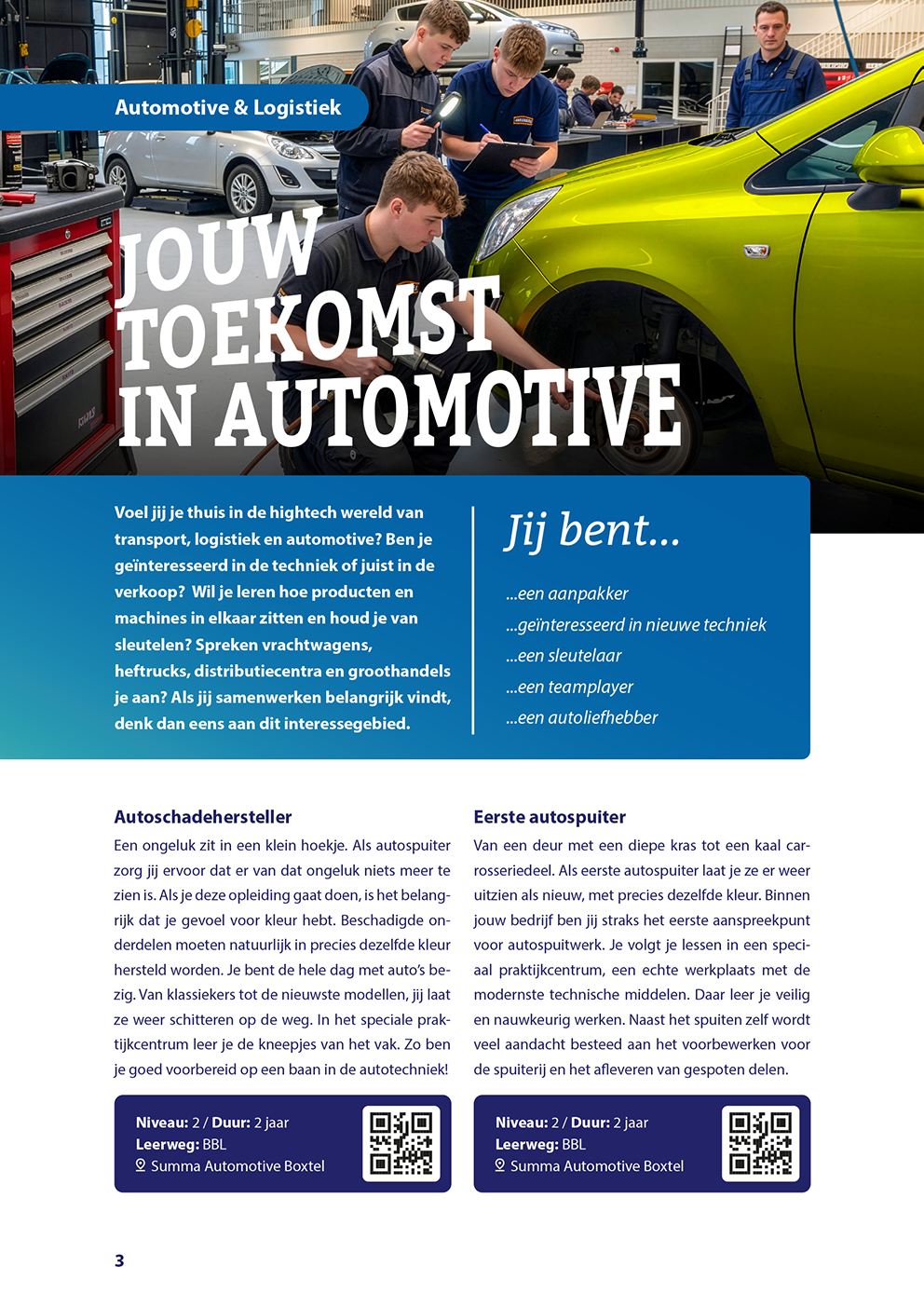 Flyer over een carrière in de auto-industrie met studenten en een limoengroene auto 