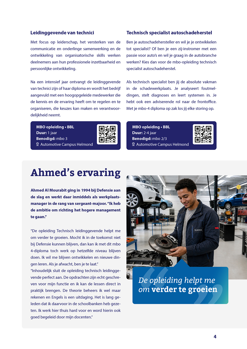 Flyer met tekstblokken en een foto van een man in een werkplaats die gereedschap vasthoudt, met een blauw bijschrift.
