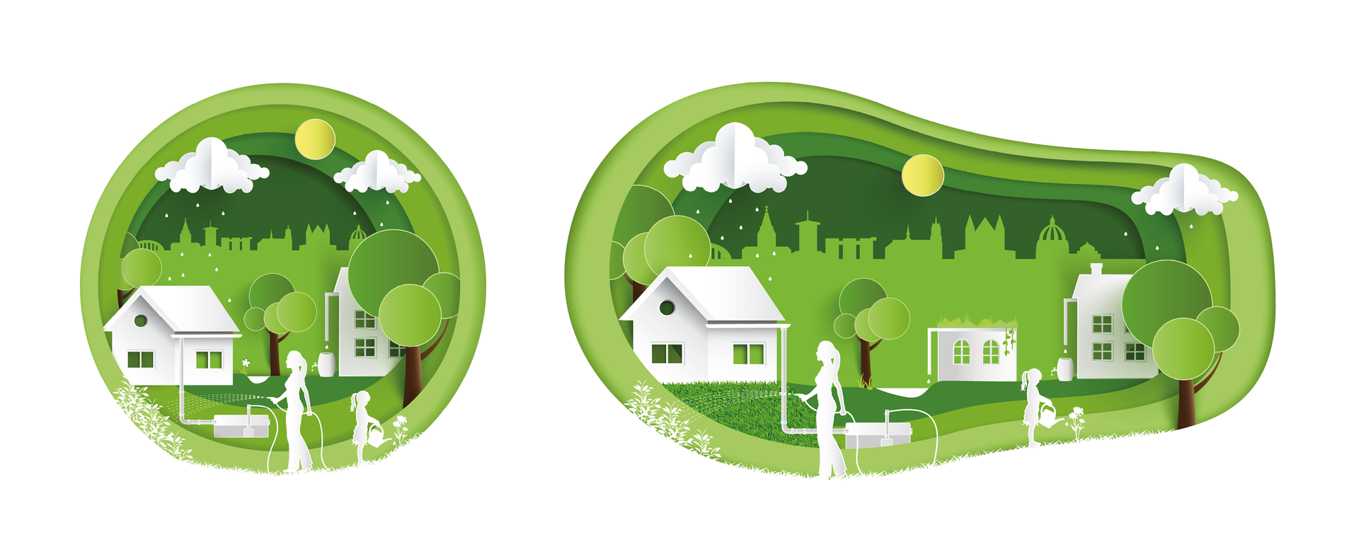 Een groene cirkel met daarin huizen en bomen op een witte achtergrond.