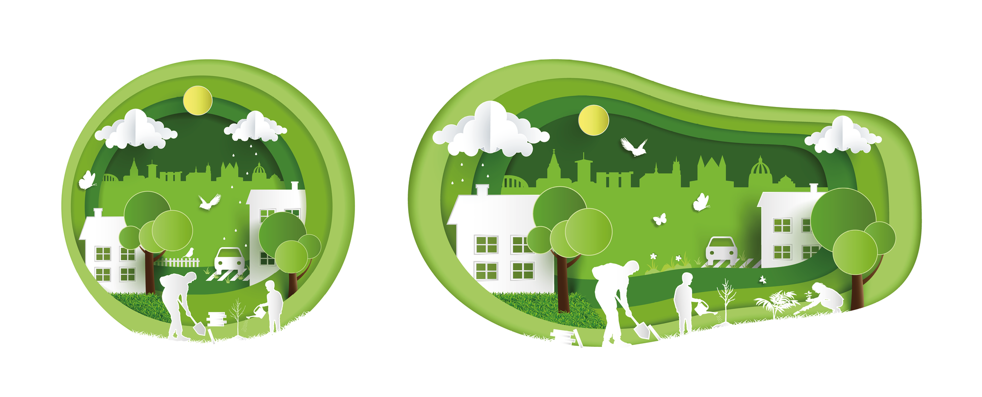 Een uitgesneden illustratie van een groene stad met huizen en bomen.
