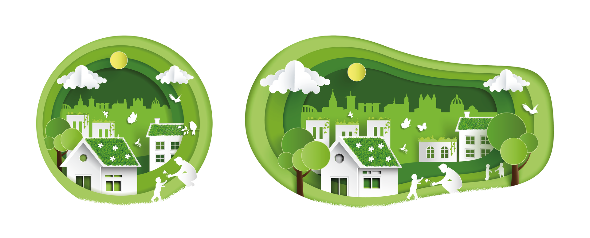 Een uitgesneden illustratie van een groene stad met huizen en bomen.