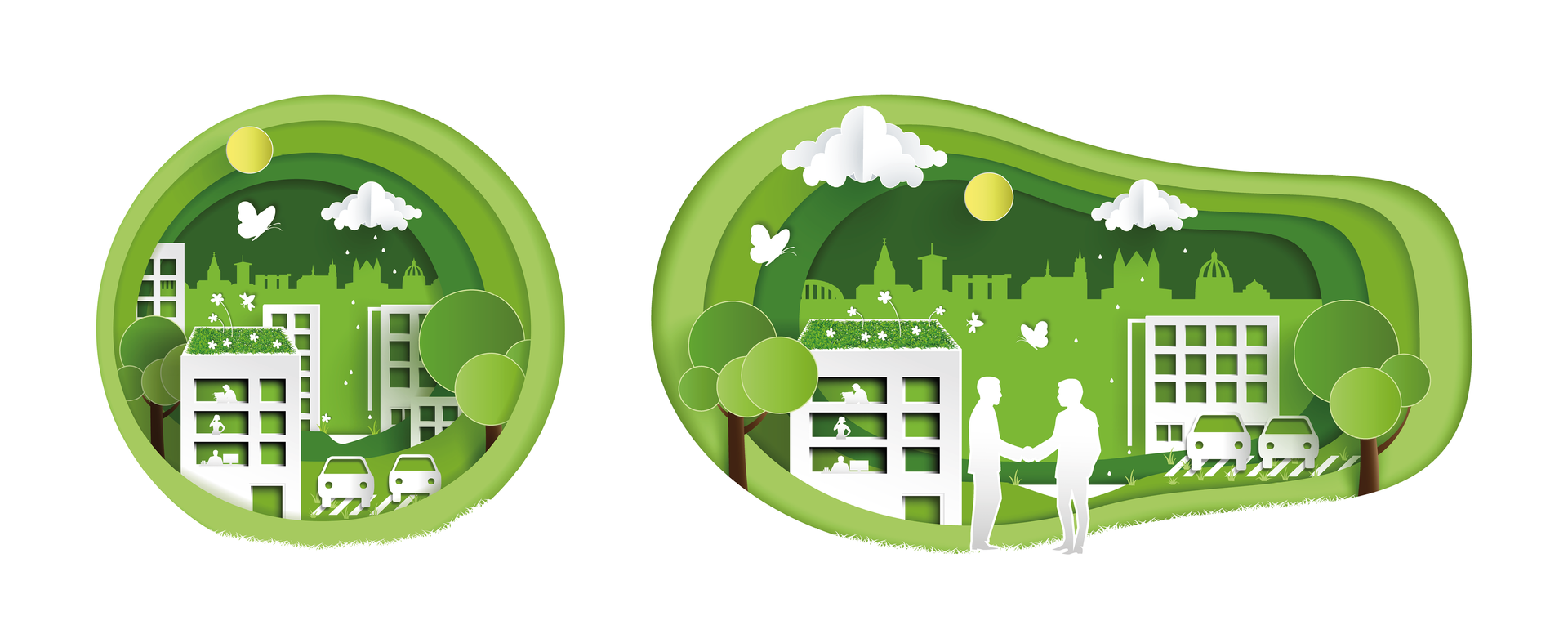 Een uitgesneden papieren illustratie van een groene stad met gebouwen en bomen.