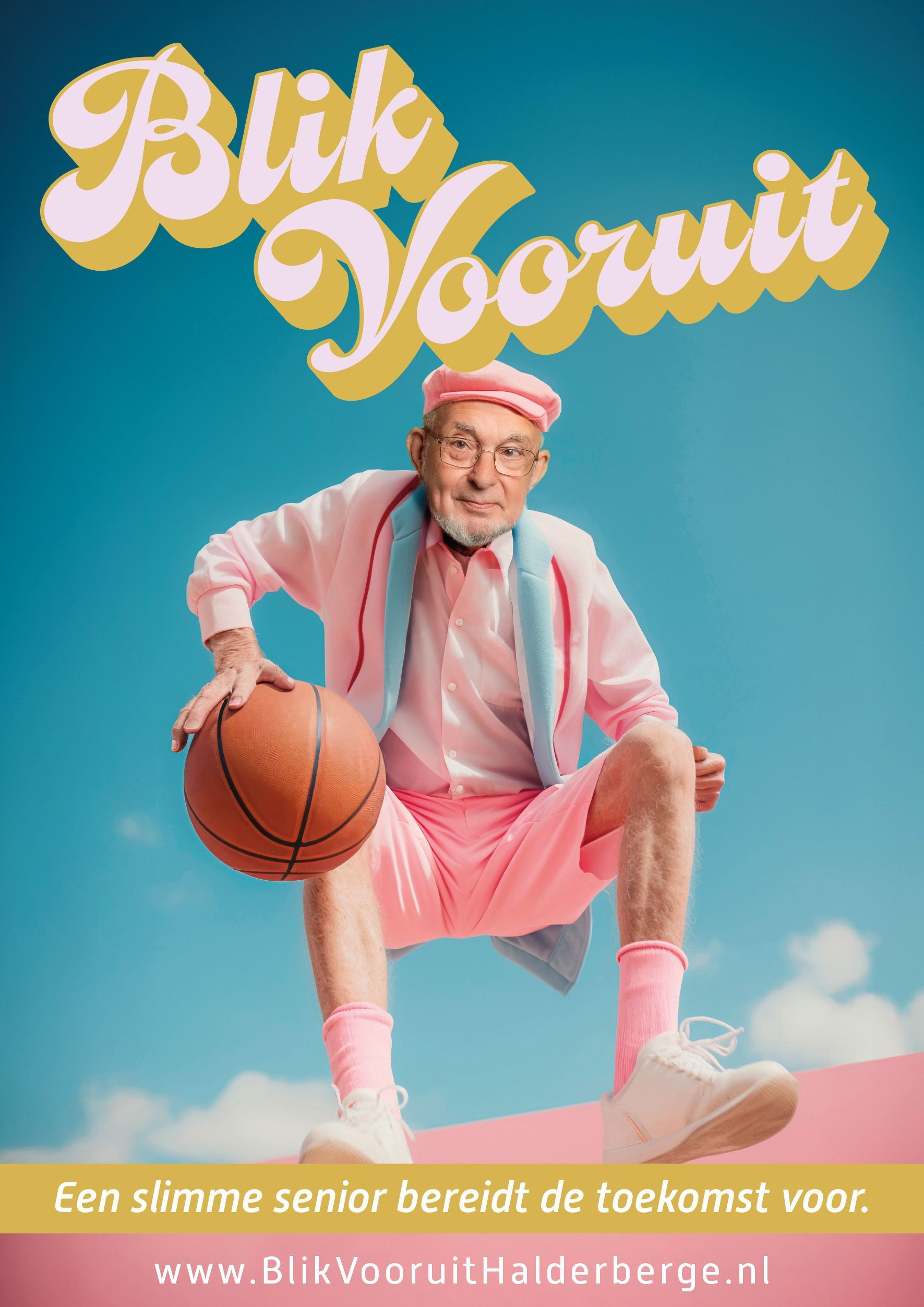 Een persoon in een roze outfit, hoed en sokken houdt een basketbal vast. De tekst luidt