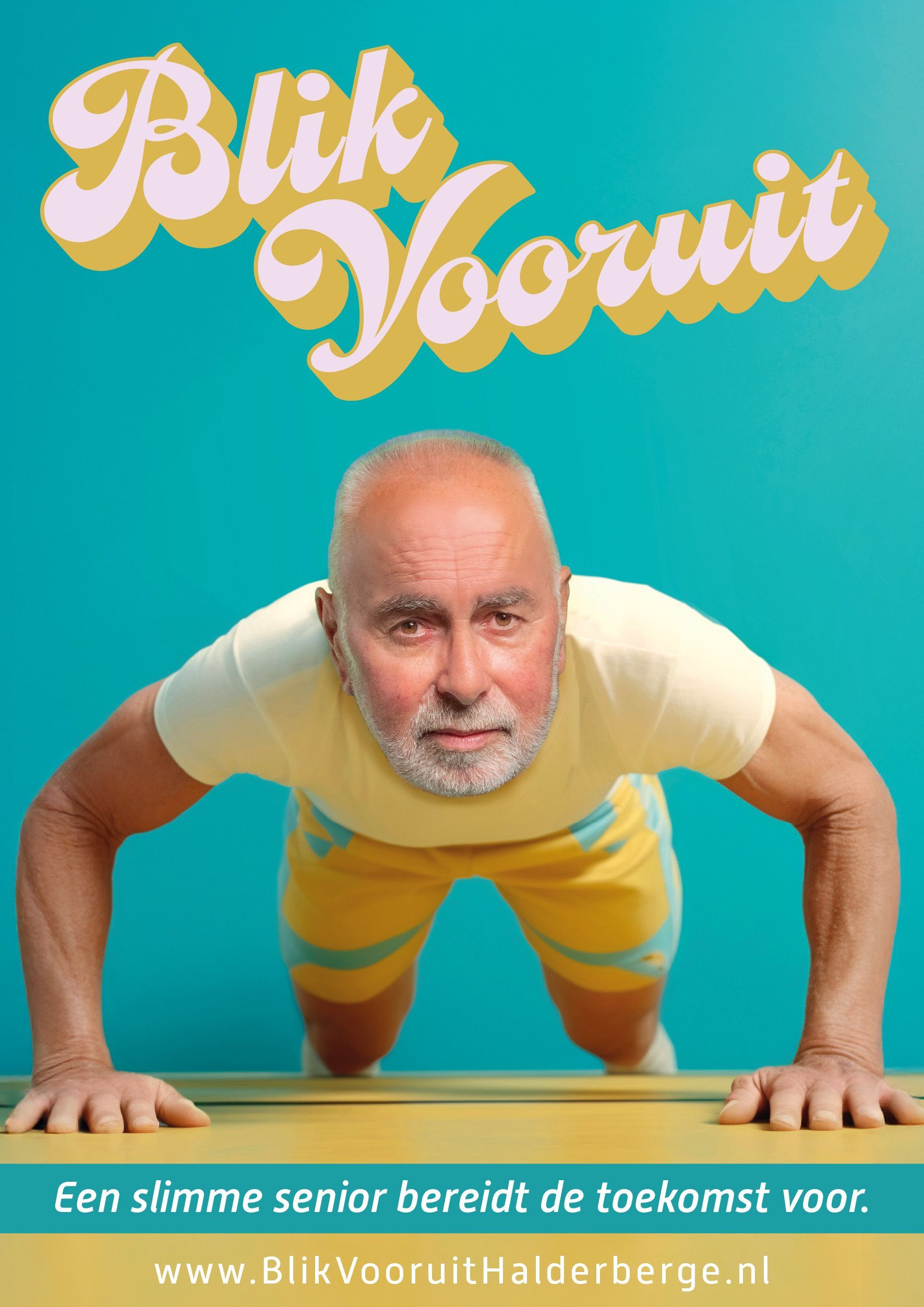 Een oudere man in gele sportkleding doet een push-up. Boven de push-up staat de tekst