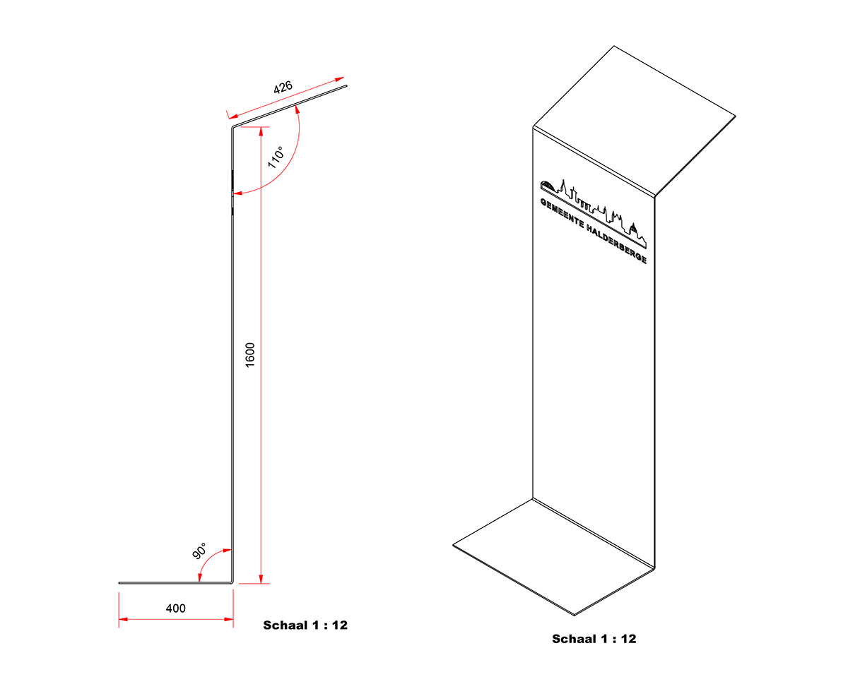 Een zwart-wit tekening van een plank met afmetingen op een witte achtergrond.