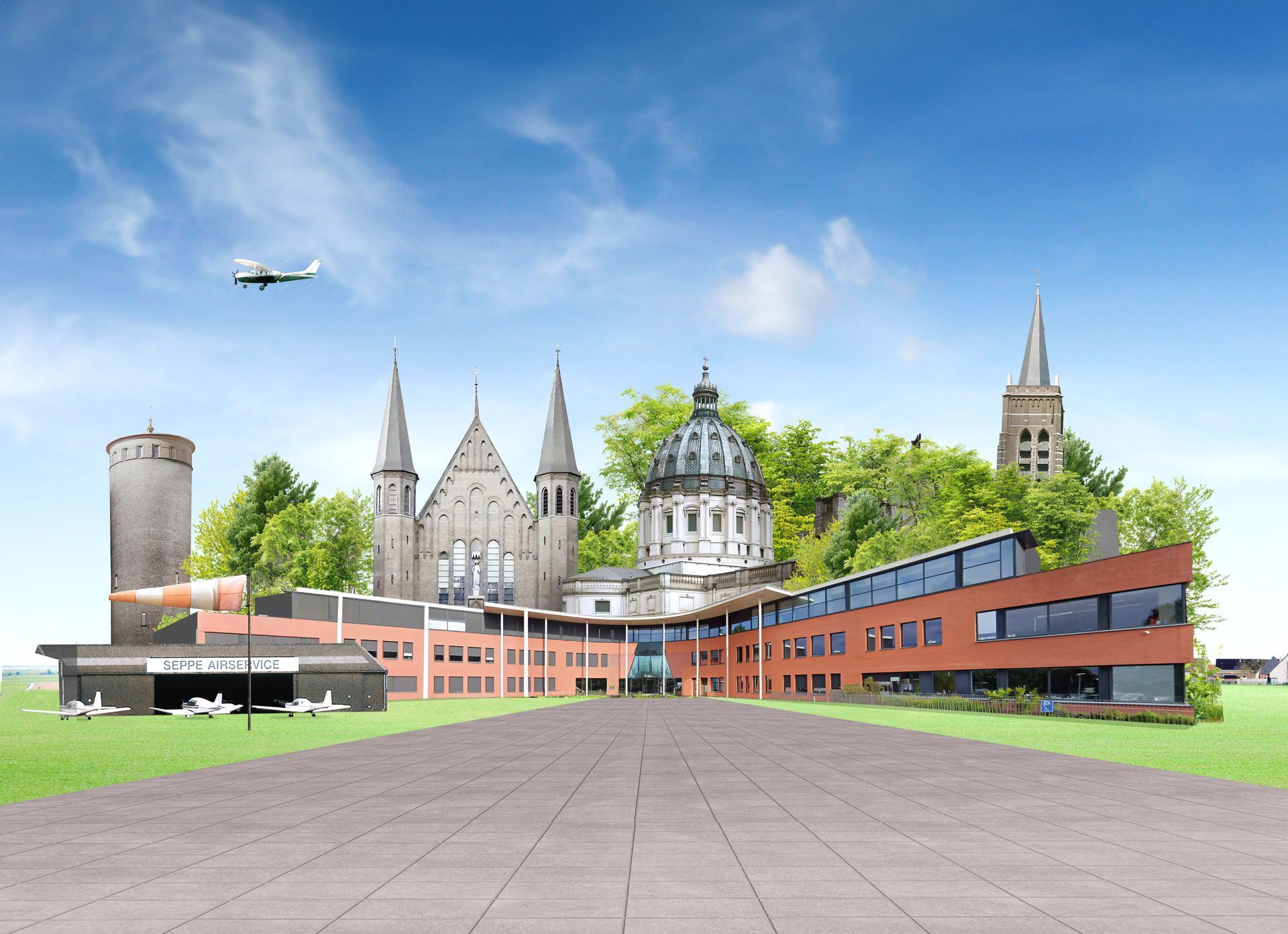 Een impressie van een stadsgezicht met een vliegtuig erboven