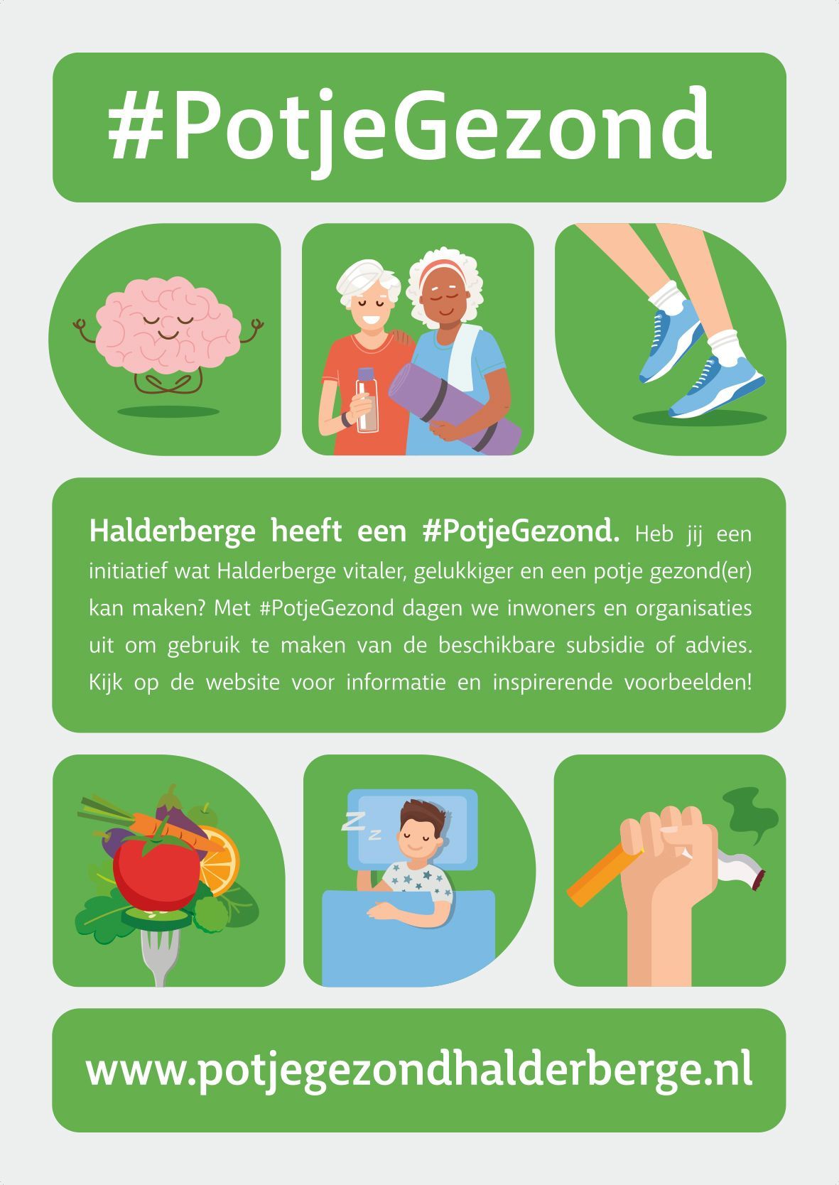 Een groene poster met een aantal iconen erop.