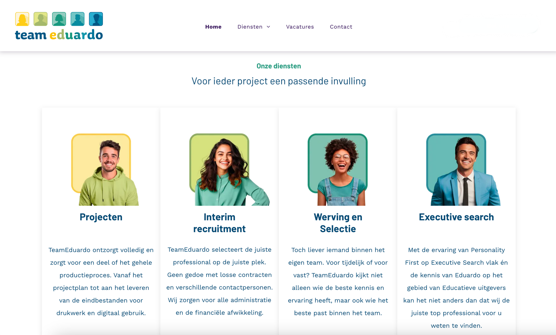 Een screenshot van een website met vier mensen erop.