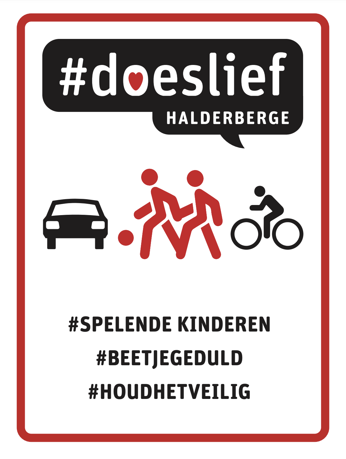 Een bord met daarop een auto, twee mensen en een fiets.