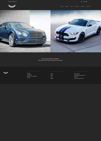 Een blauwe bentley en een witte mustang worden op een website getoond