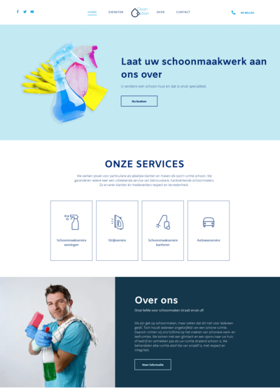 Een man houdt een fles schoonmaakmiddelen vast op een website.