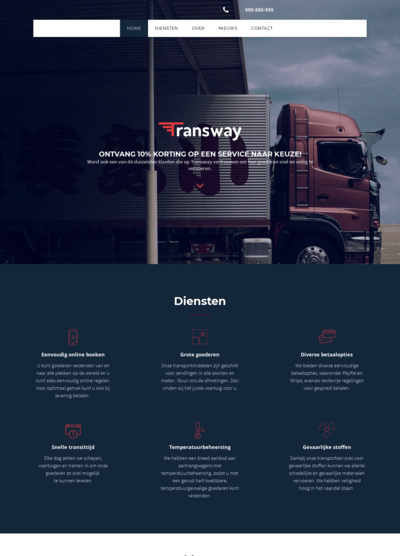 De website van een bedrijf genaamd Transway heeft een foto van een vrachtwagen op de homepage.