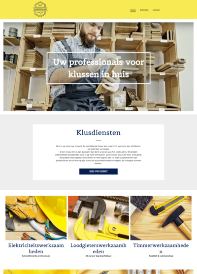 Een screenshot van een website waarop een man te zien is die aan een stuk hout werkt.