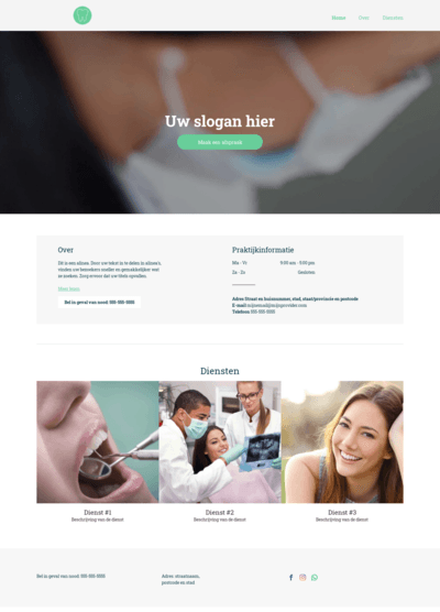 Een website voor een tandartspraktijk toont een tandarts die de tanden van een patiënt onderzoekt