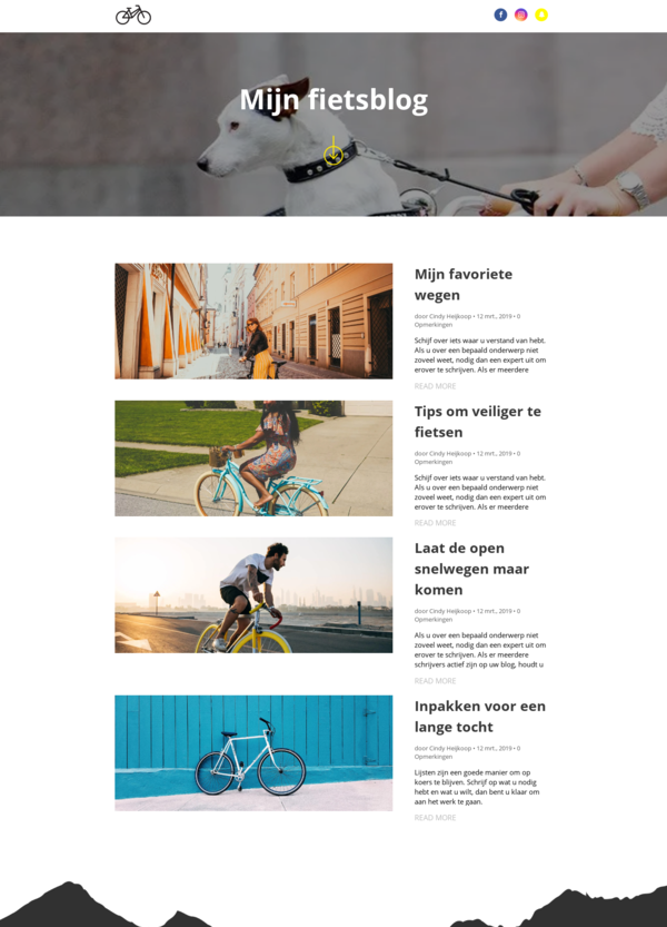 Een screenshot van een website met een hond aan de lijn en een man op een fiets.