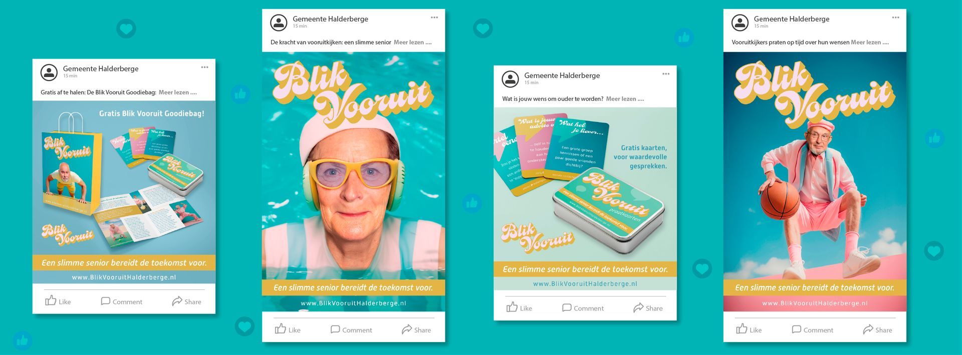 Vier berichten op sociale media, gekenmerkt door felle kleuren, een retro-uitstraling en productafbeeldingen.