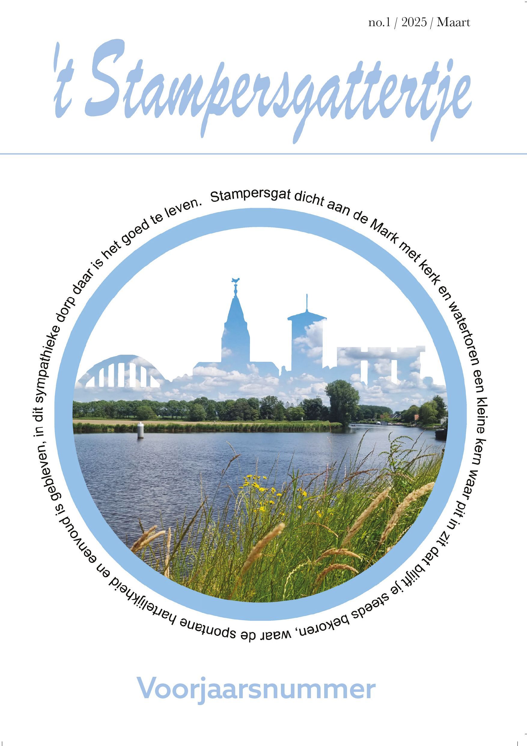 Blue-and-white magazine cover with a city skyline, bridge, river, and the title “Stamppostertje” and “Voorjaarsnummer”